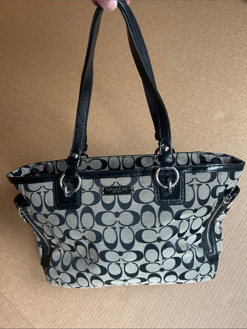 Coach Y2K F19249 Gray, Black & silver, Signature Tote, w/ zippered side pockets